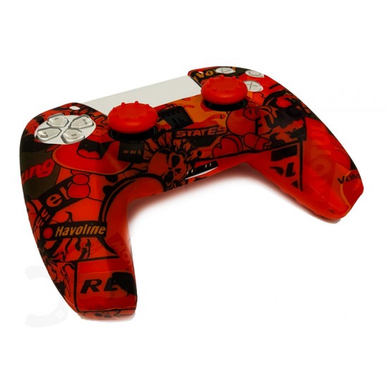روکش دسته پلی استیشن 5 و دو عدد محافظ آنالوگ - Silicone Cover Dualsense PS5 Red Busy